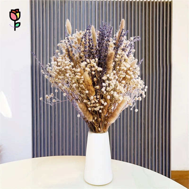 

Fluffy Pampas Grass Lavender Dried Flowers Reed Goldenrod Acacia Beans Bouquet Boho Home Table Accessories Gypsophila Plants