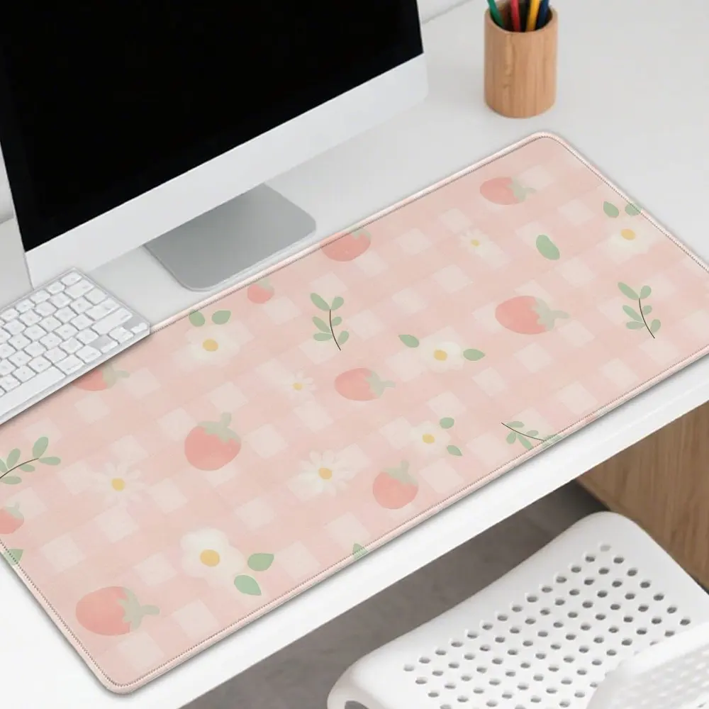 Cute Pink Checkered Strawberry Rubber Gaming Desk Mat, Extended Non-Slip Mouse Pad, Durable & Water-Resistant for Home & Office
