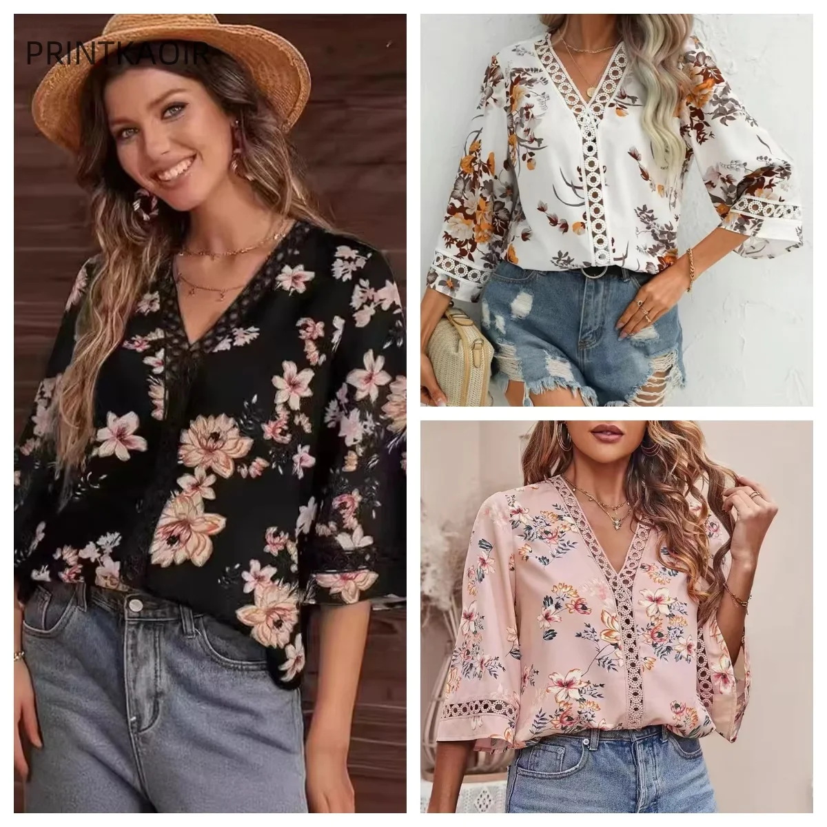 قميص شيفون فضفاض برقبة على شكل حرف V ، أكمام قرن ، بلوزة دانتيل ، ركاب مزاجي ، أوروبا والولايات المتحدة ، جديد ، صيف #1