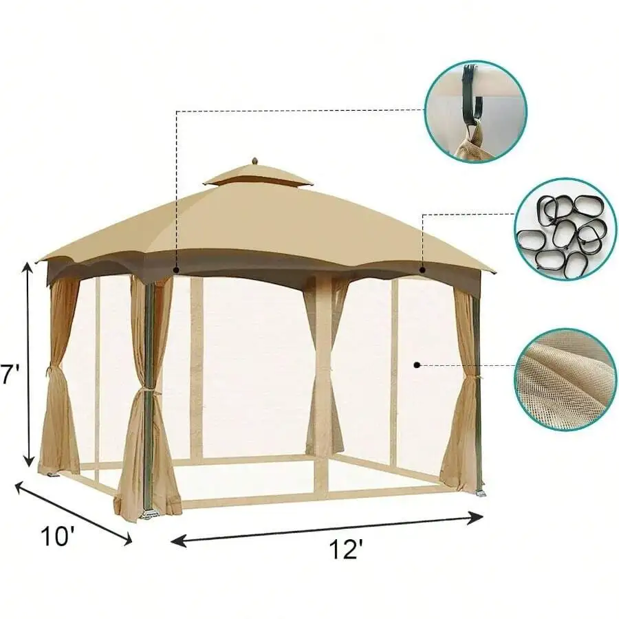 

10x12 Ft Gazebo With Mosquito Netting 4 Panel Screen Walls Zipper Beige