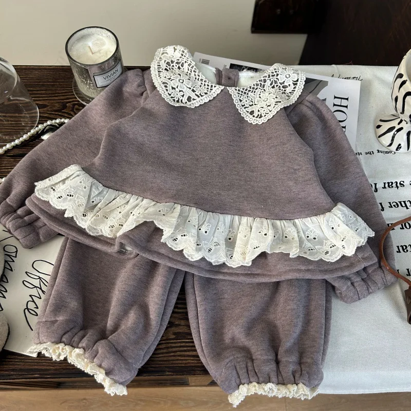 

Children's Clothing2025New Autumn Winter Girls Lace Collar Knitted Suit Western Style Lace Lantern Pants Two-piece Set Trendy