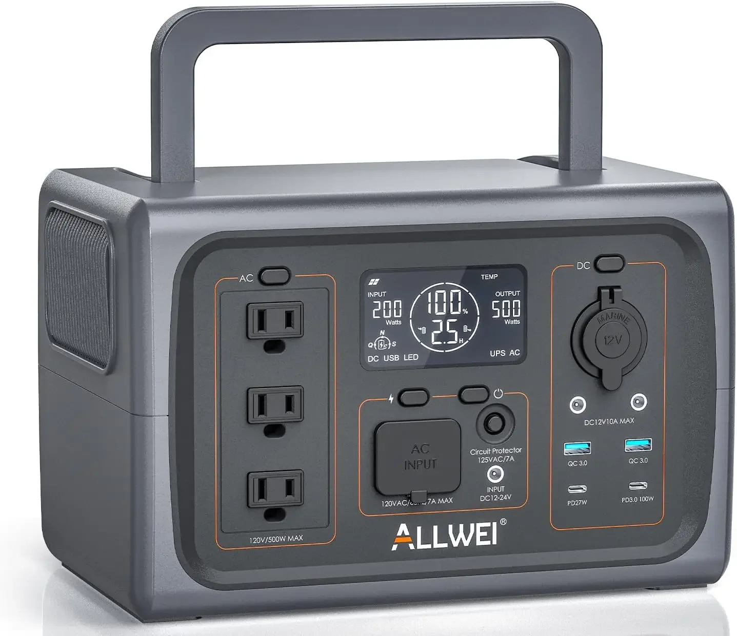 

ALLWEI Portable Power Station 500W, 512Wh LiFePO4 Battery, UPS Function, 2.5Hrs Fast Charge, 3 AC Outlets(Surge 1000W), Solar Ge