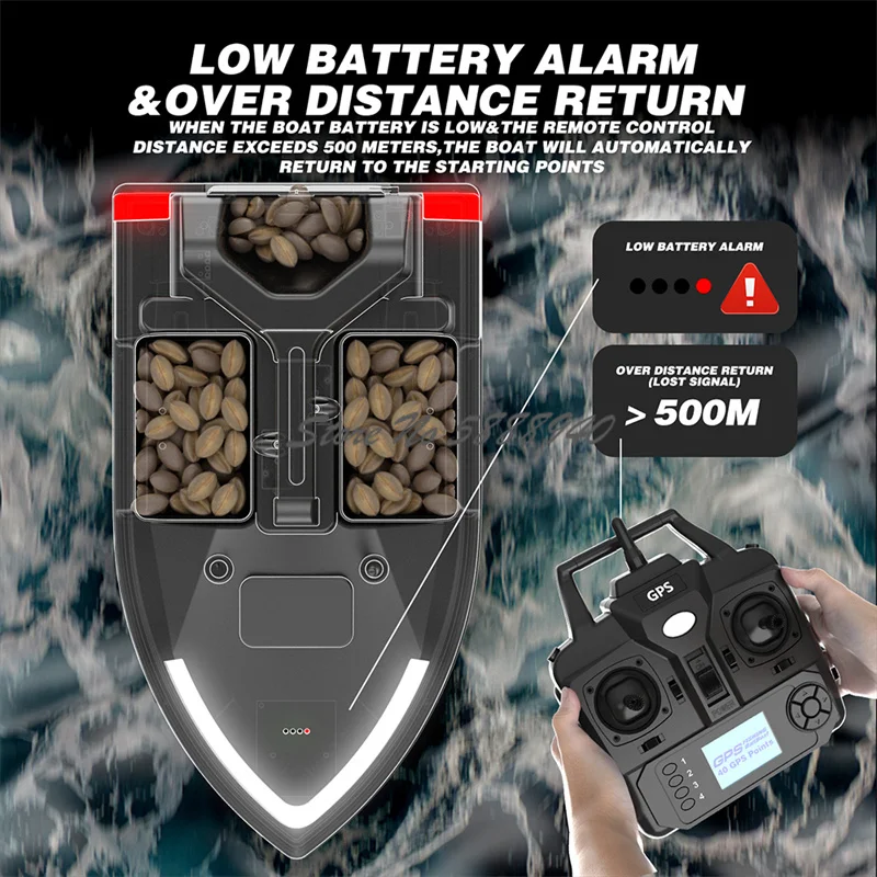 40Point GPS Auto Return Large Remote Control Bait Boat 500M 3 Hopper Fixed Speed Cruise Waterproof High Speed RC Fishing Boat