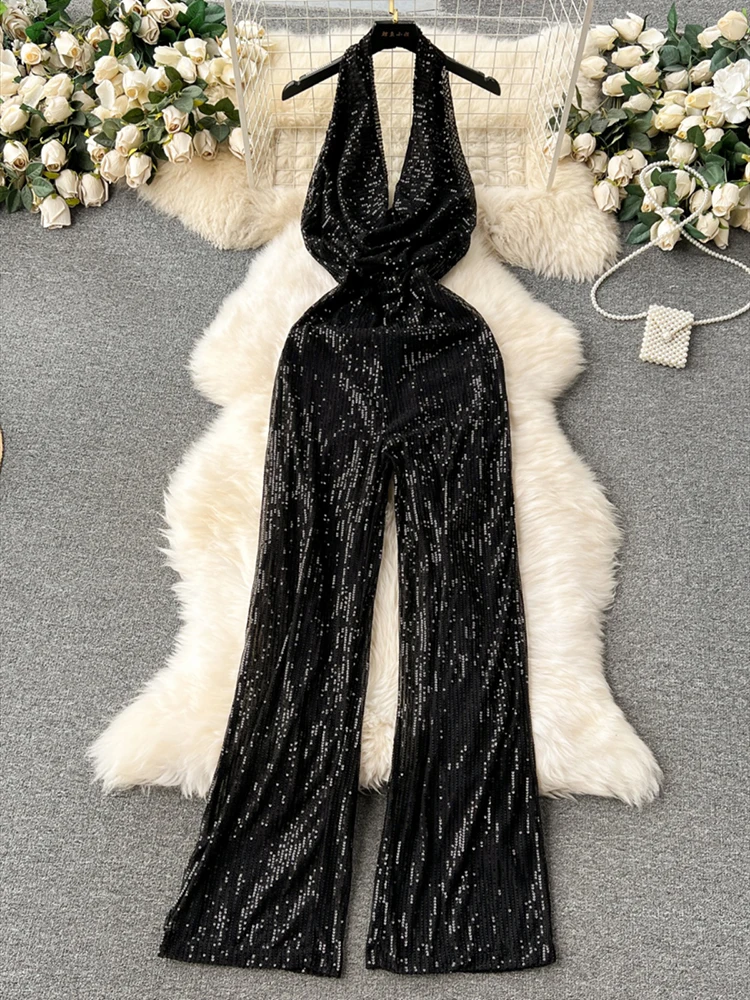 Light Luxury High-end Sequin Jumpsuit Fashion Halter Neck Swing Collar Backless Sexy Solid Bodycon Senior Long Romper