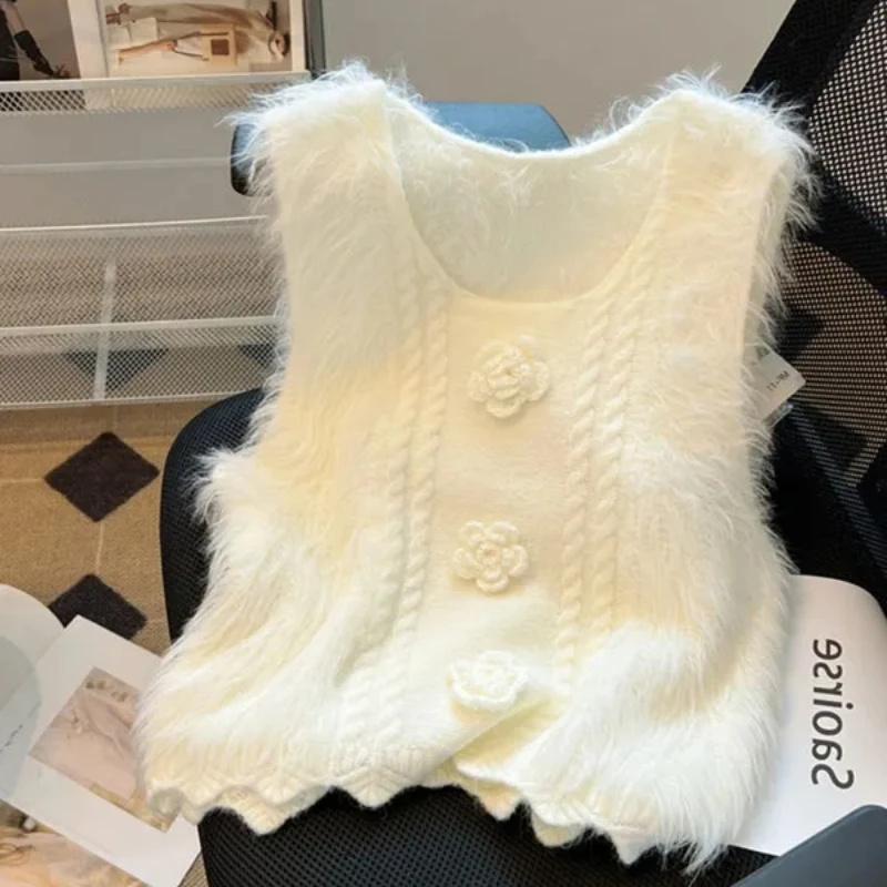 

Sweet Solid 3d Flower Knitted Vest Women Autumn Winter O Neck Sleeveless Sweater Fashion Outerwear Chic Short Pullover