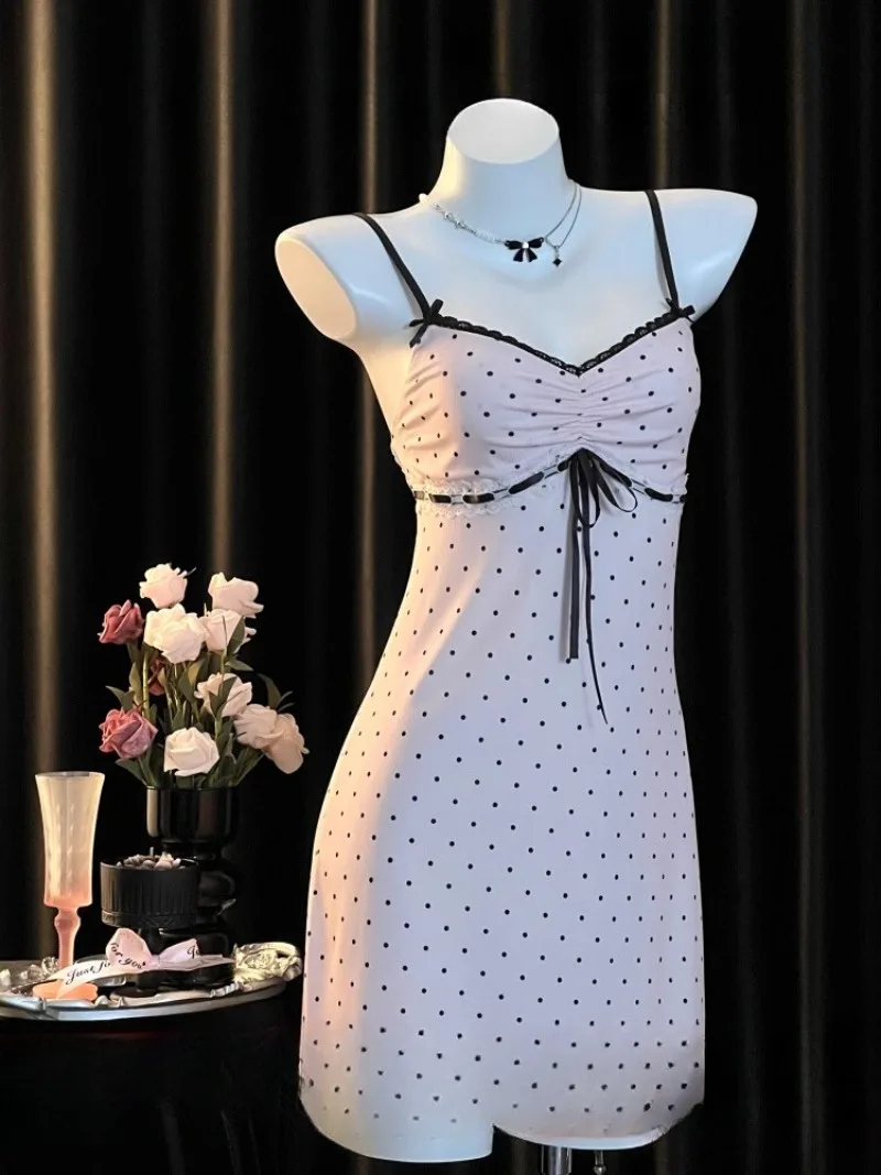 

Ночная рубашка с лямкой на шее и принтом в горошек для женщин, летний тонкий пижамный комплект, соблазнительное нижнее белье Pure Desire, сексуальная и женская одежда для сна