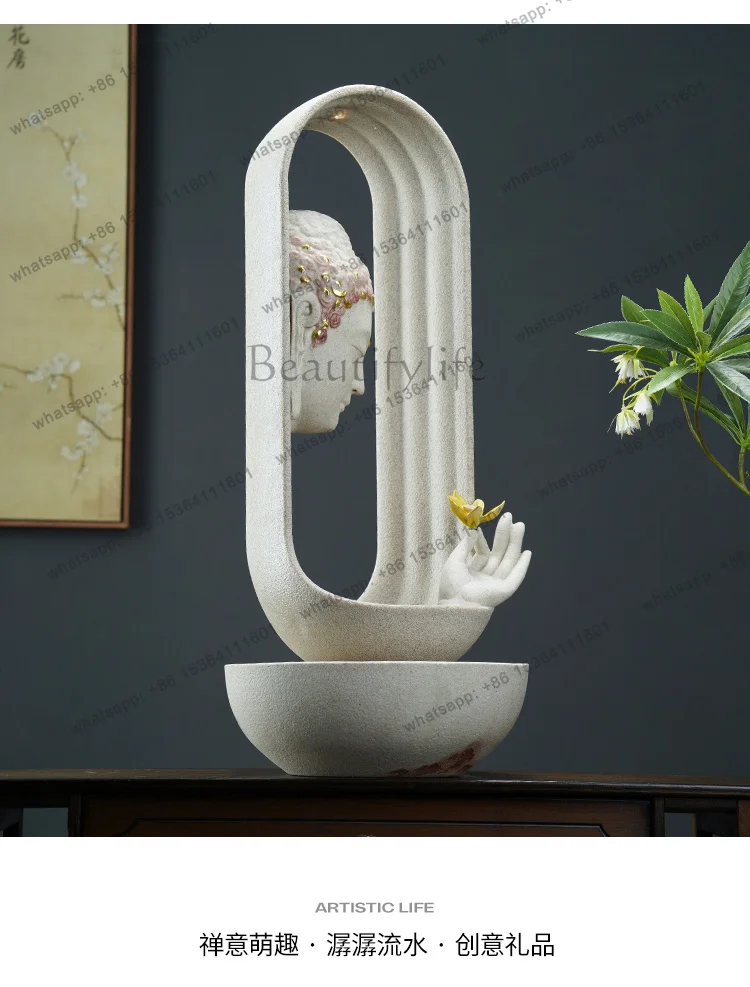LJY  new Chinese zen Buddha head flowing water ornament circulating water humidification living room tea room fountain
