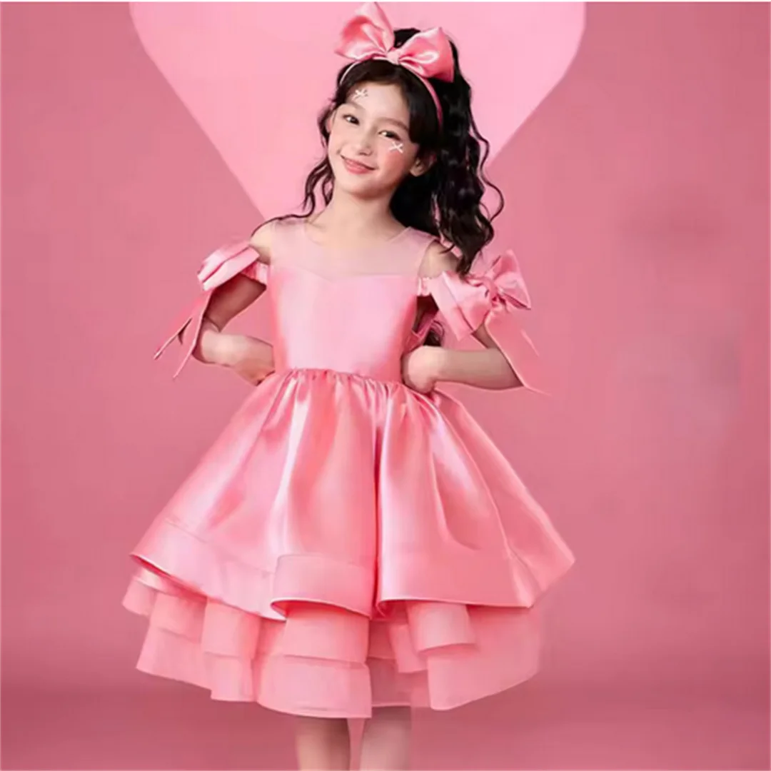 Customized 2025 Pink Flower Girl Dress For Wedding Satin Cute Bow Puffy Elegant Kids Birthday First Communion Ball Gown