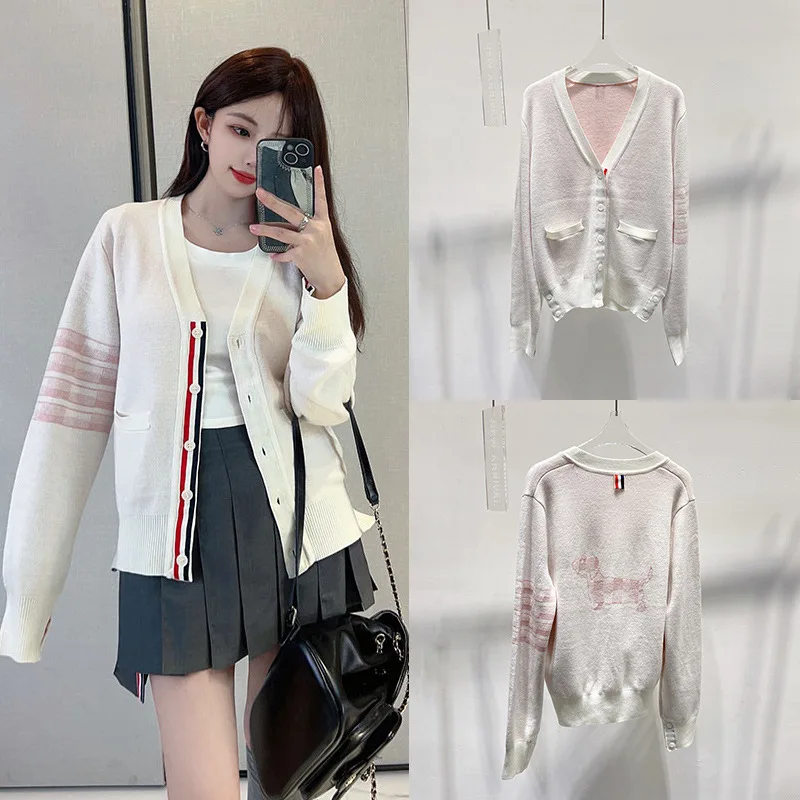 Wool Knitted Cartoon Puppy Pink White V-neck Cardigan Cute Loose Sweater Women Korean Casual Single-Breasted Long Sleeve Jacket