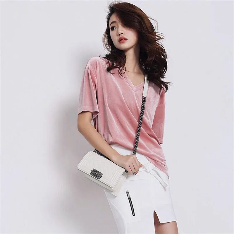 2024 Autumn Fashion Female Summer Shirt Slim Tops Gold Velvet Shirt V-Neck Short Sleeves Women Velour Shirts  brown pink black