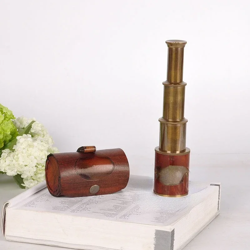 Pure Copper Genuine Leather Retro Nautical Telescope Monocular Telescopic Ornament Furnishing Pirate Props