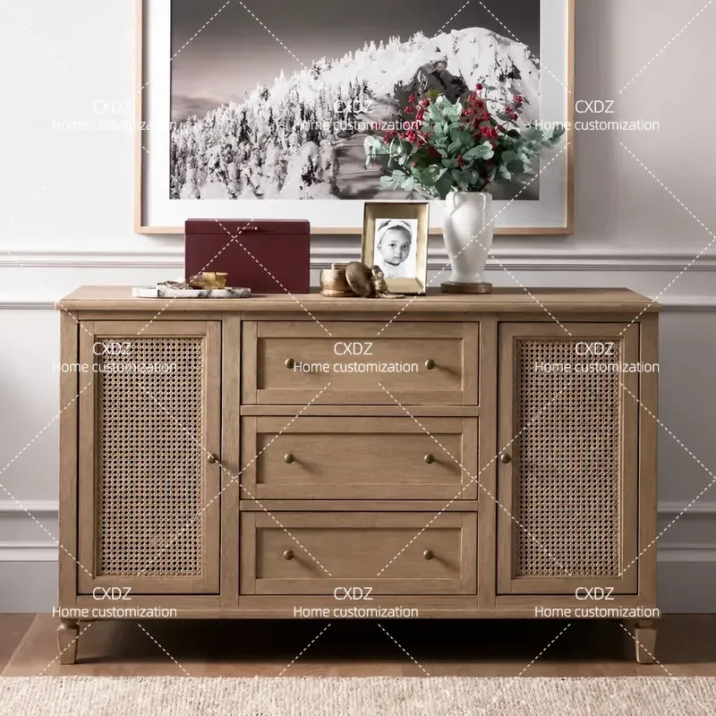 Rural Solid Wood Braided Rattan Dining Side Cabinet Foyer Decorative Retro Chest Living Room Storage Furniture