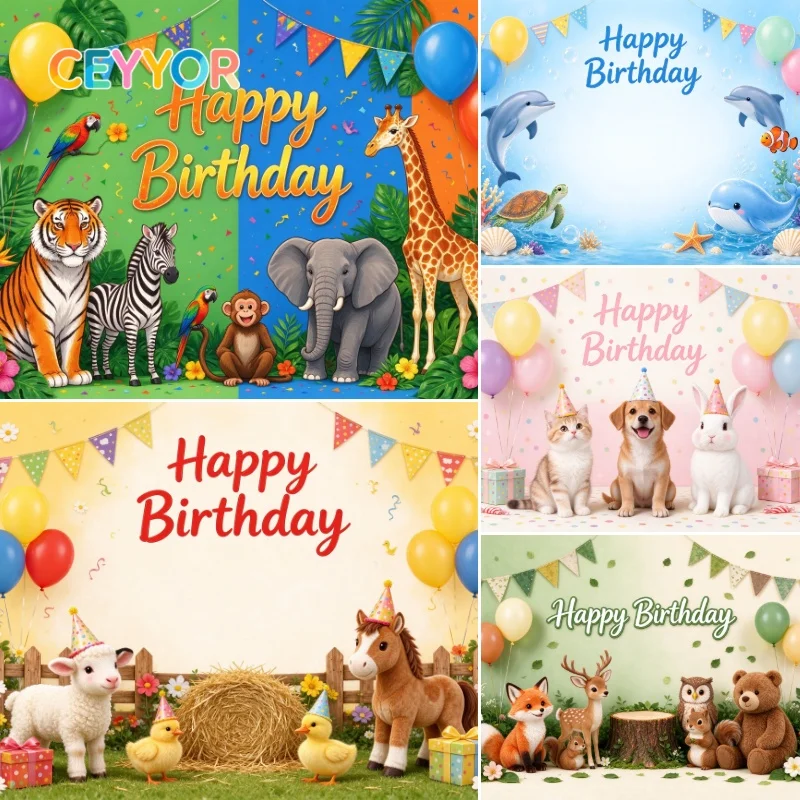 CEYYOR Jungle Animal Happy Birthday Backdrop Safari Tiger Giraffe Elephant Zebra Monkey Parrot Palm Leaf Balloon Photography Bac