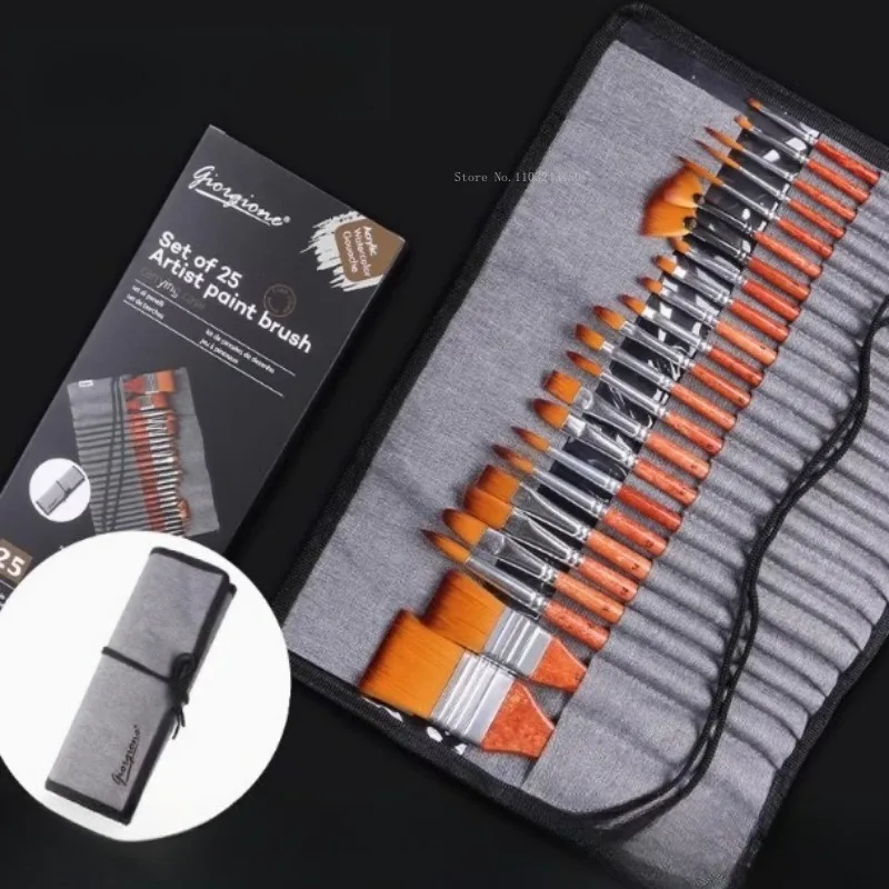 24 ピースナイロンヘアブラシセットポータブルアートストレージツール学生屋外スケッチ水彩/ガッシュ/油絵アートブラシ