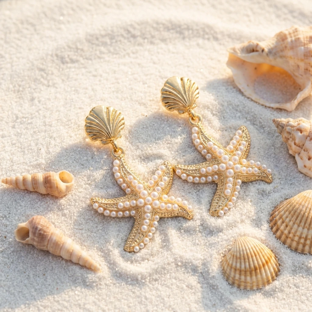 Trendige goldfarbene, simulierte Seestern-Ohrstecker für Damen, Bohemian-Stil, übertriebene Muschel-Ohrhänger, Sommer-Strand-Schmuck für den Alltag – Detail 6