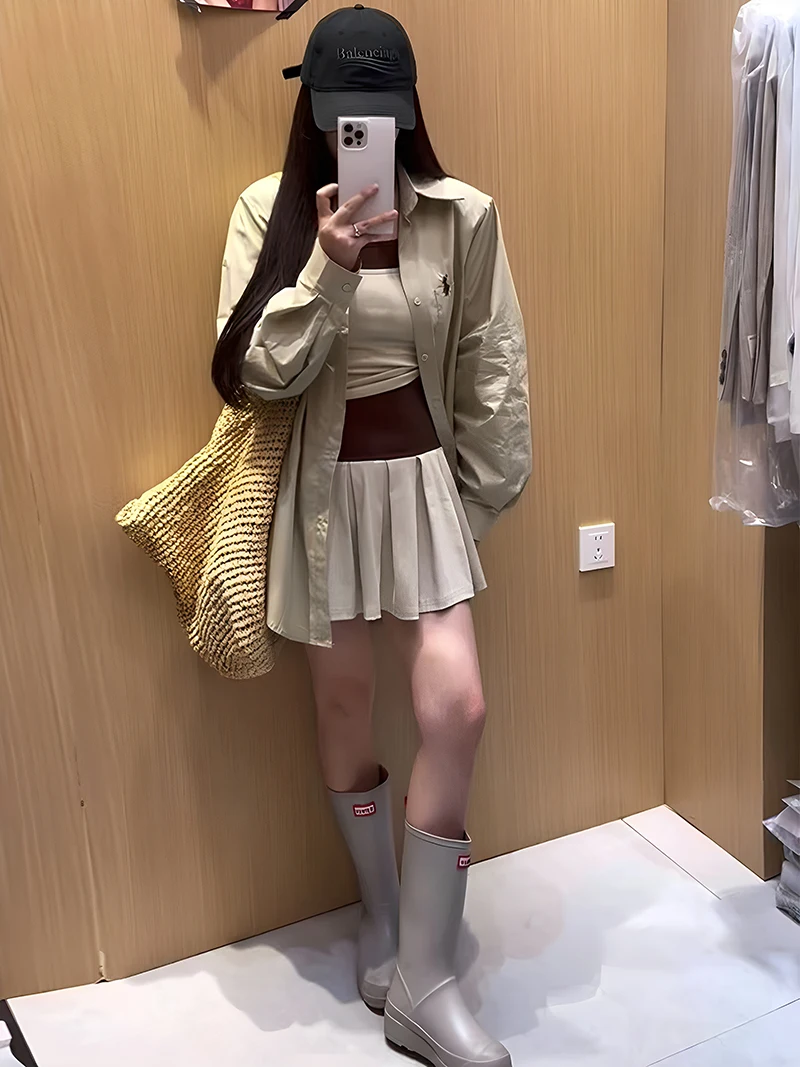 Inizio autunno Protezione solare Colletto irt Set Gonna scozzese a vita alta da donna Set di pezzi di maglietta Set coreano Sle Faion