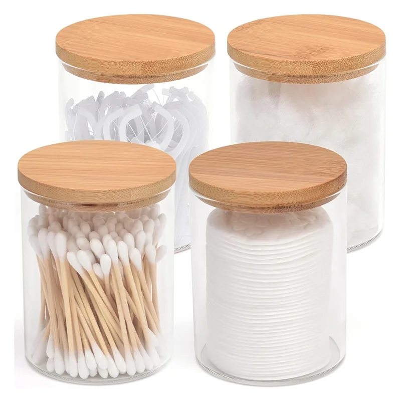 

Reliable Elegant 4PCS Swab Holder With Wooden Lids For Bathroom Vanity Makeup And Canister Storage