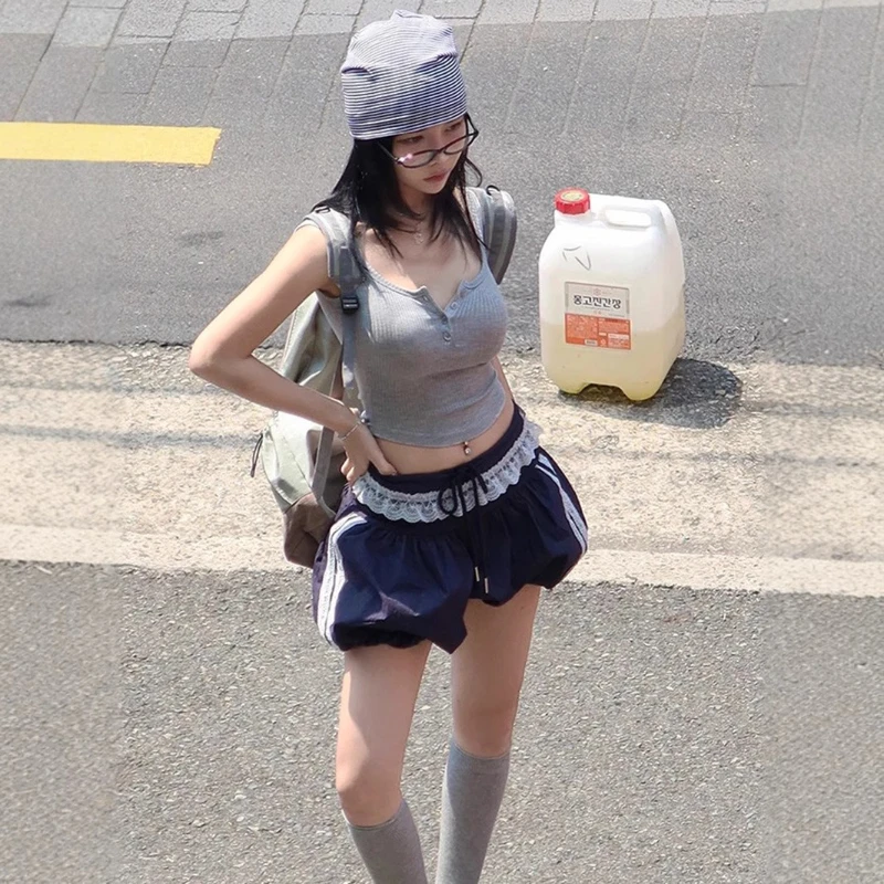 جديد Y2K التعادل الخصر كشكش تنورة السراويل النساء الدانتيل تقليم منخفضة الخصر الأمريكية عادية الرياضة فقاعة تنورة الشارع الشهير الصيف السراويل الصغيرة