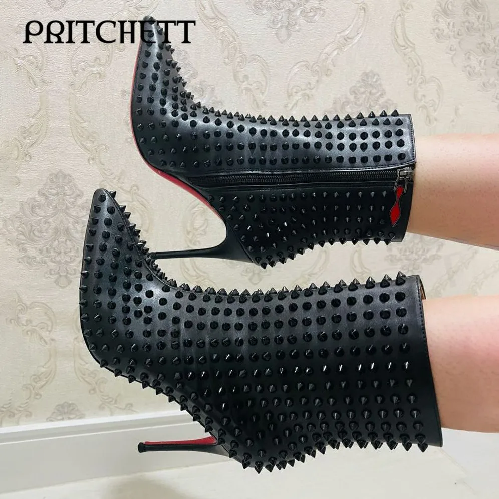 

Black Full Rivet Sexy Short Boots Pointed Toe Stiletto Side Zipper Personality Boots Fashionable Temperament Women's Shoes