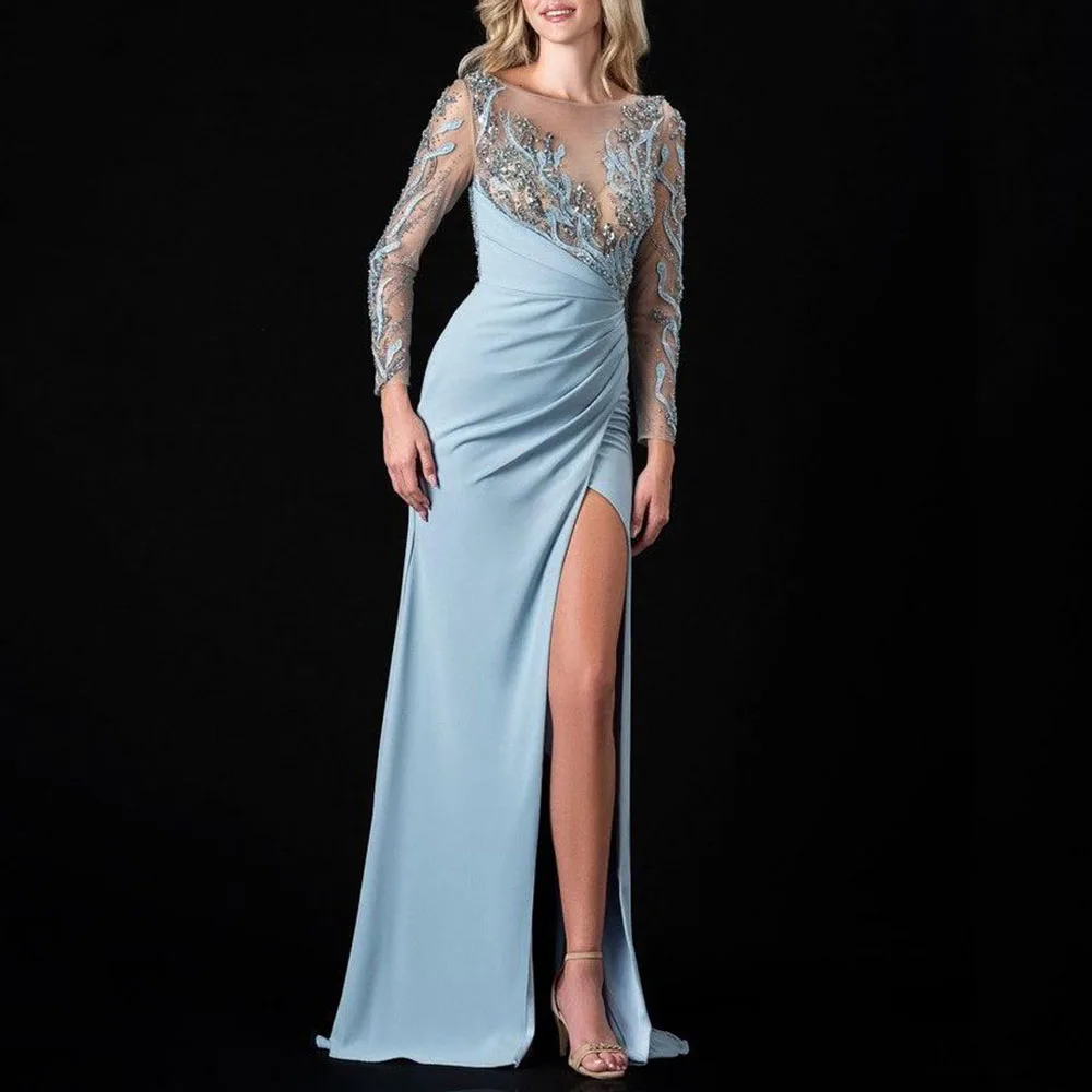 Elegant Blue Women Prom Dresses Full Sleeves Floor Length High Side Split Illusion Shiny Pretty Mother of the Bride Gowns