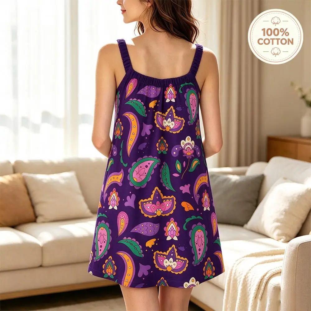 Women 100% Cotton Floral Paisley Print Camisole Nightgown Summer Soft Skin-Friendly Nightdress Ladies Casual Homewear Pajamas