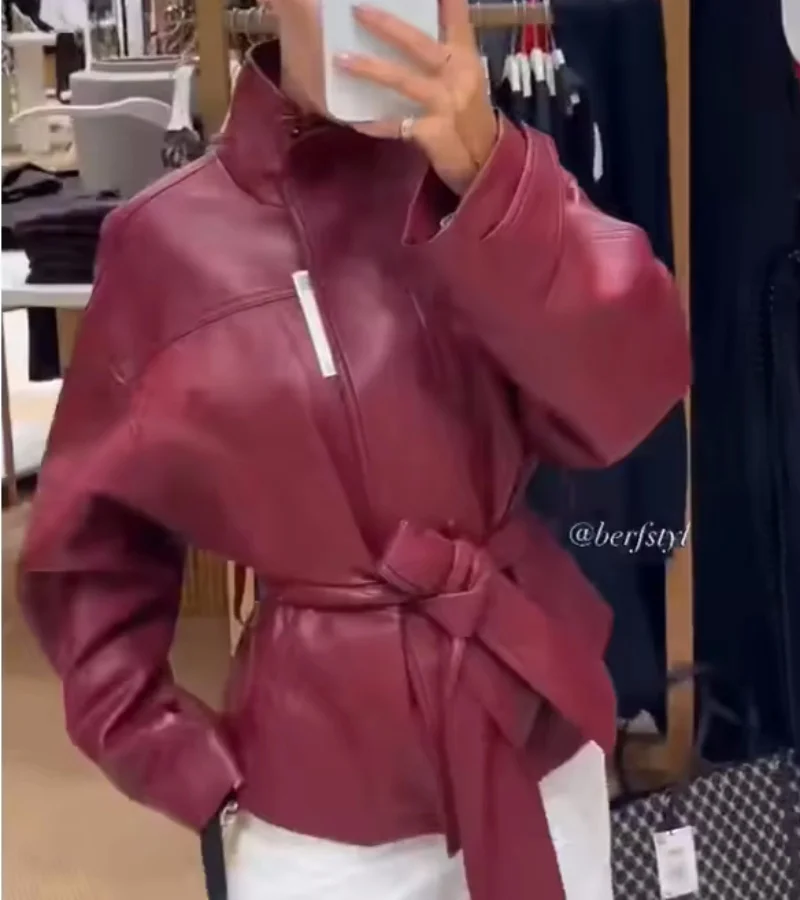 Guobioziy 2026 Women's New Stand Collar Belted Biker Leather Jacket Fashionable and Versatile Elegant and Graceful Casual