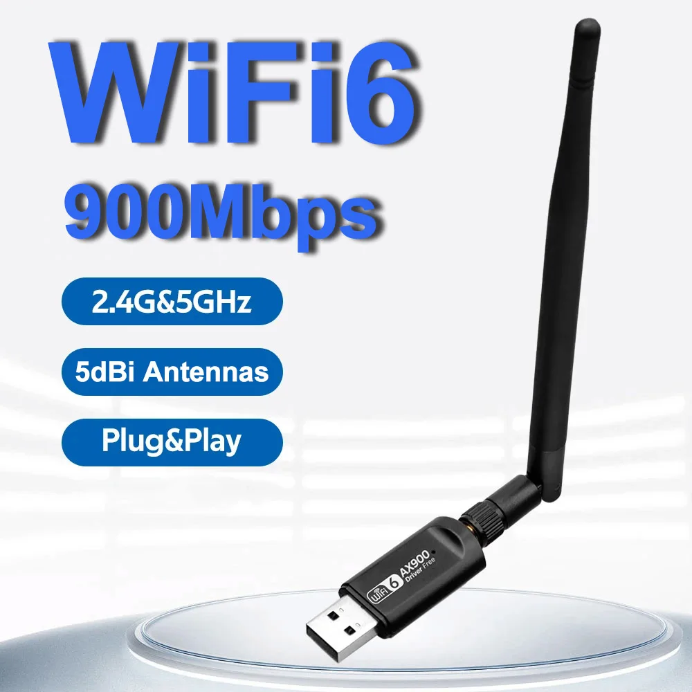 WiFi 6 900Mbps USB Adapter Dual Band 2.4G&5Ghz Wifi6 Network Card 5dbi Antenna USB Dongle Receiver For Win 10/11 Free Driver