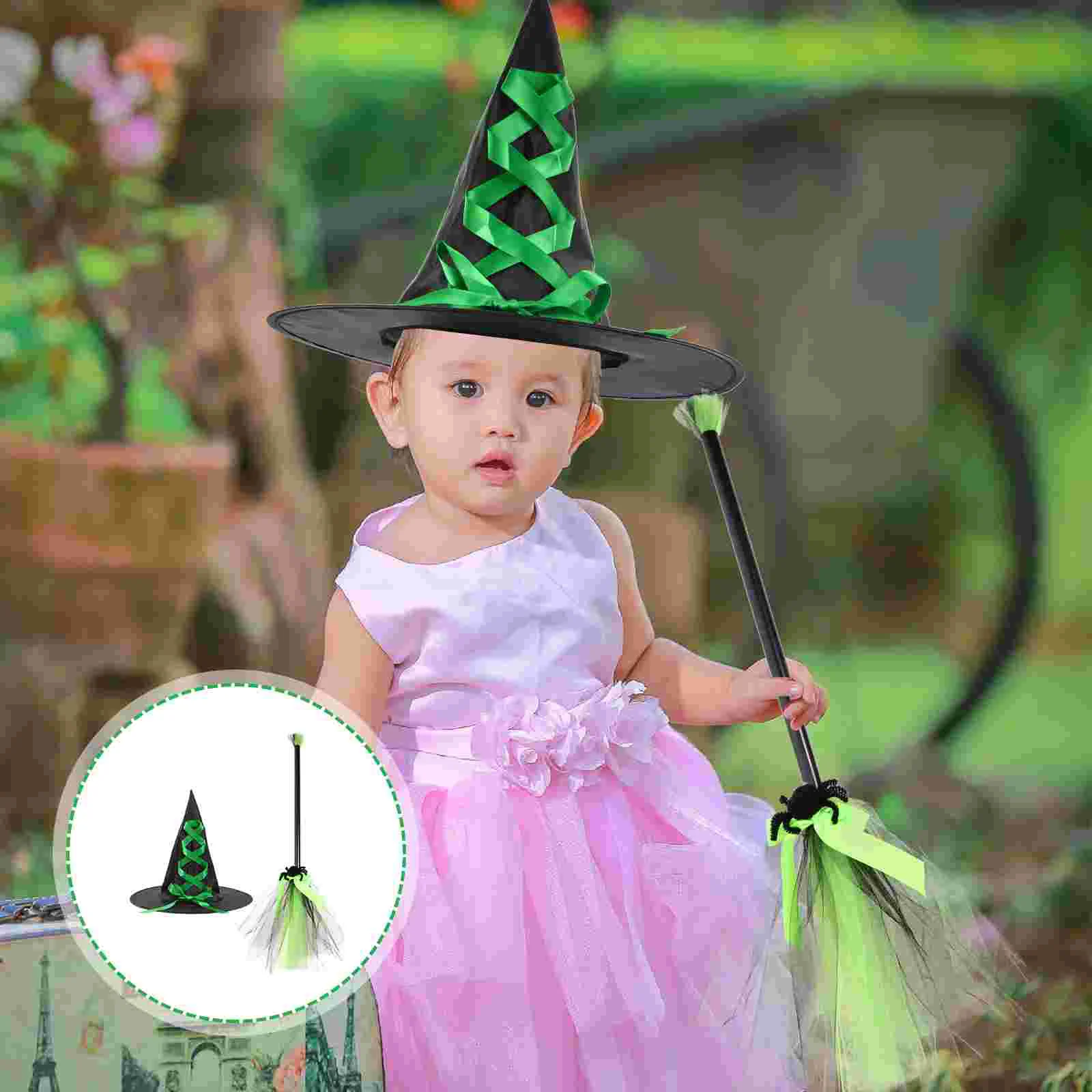 Halloween Hat Broom Decor Cosplay Props Wizard Caps Costumes Spider Decorations