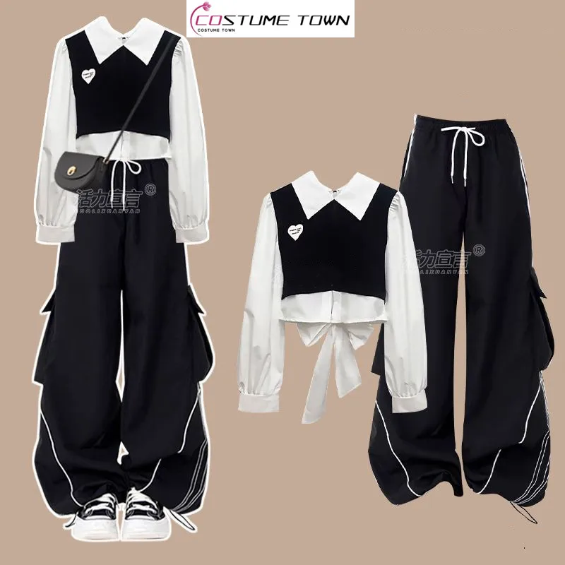 

Korean college style spring vacation two-piece design slim fit top+casual pants two-piece set
