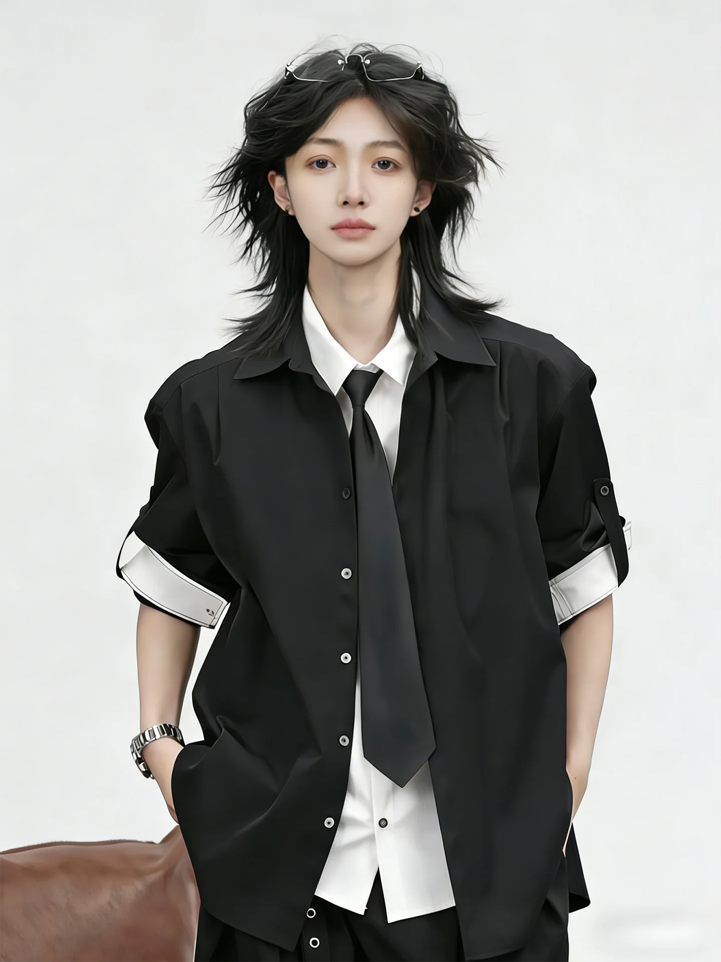 

Cleanfit Long Sve Men's irt Casual Breathable Polyester Spring Autumn Design Sensation Double Layer Collar Fake Two-Piece