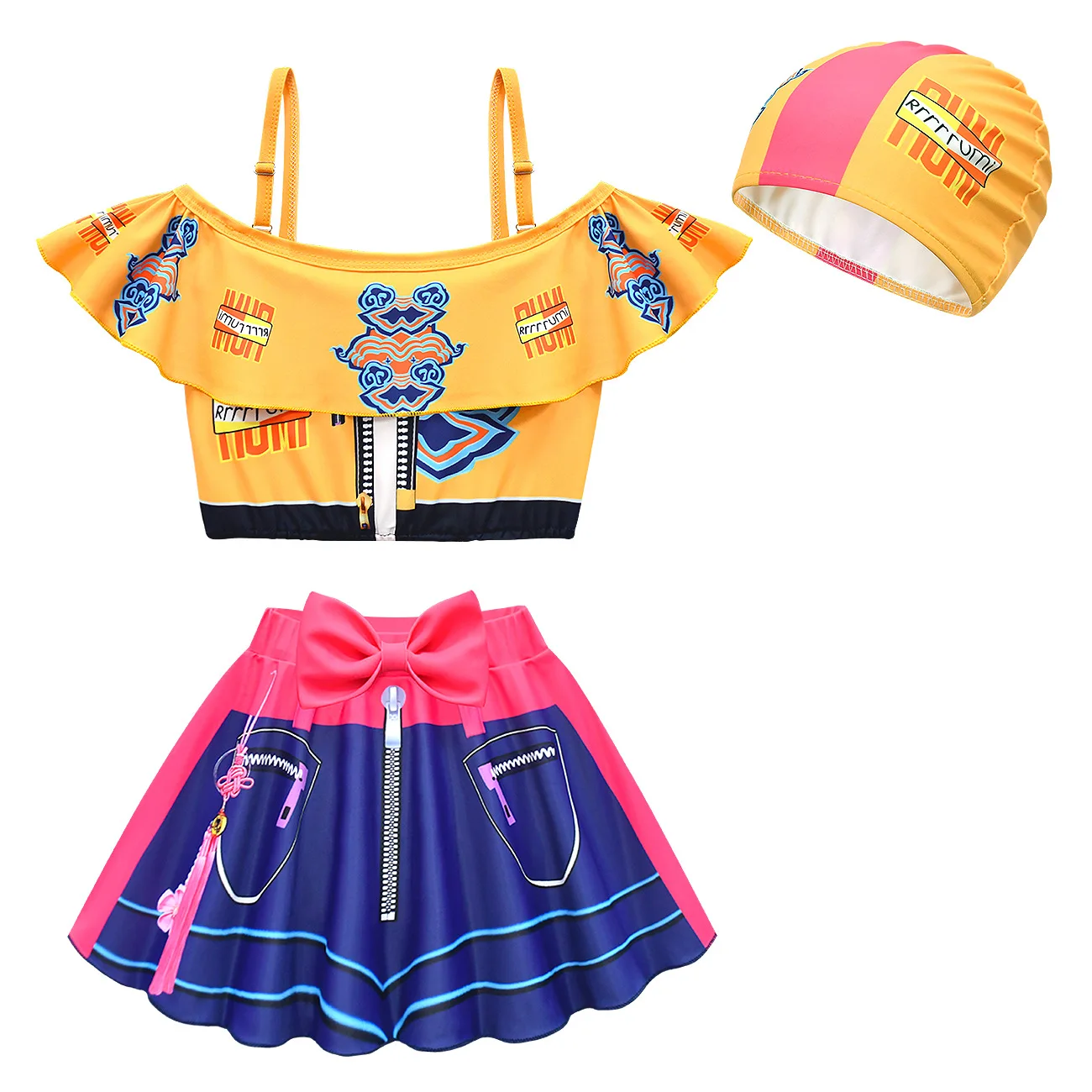 

Новый летний комплект из 3 предметов: детский купальник с высокой эластичностью, топ-майка, юбка и шапочка для плавания для девочек, пляжная одежда