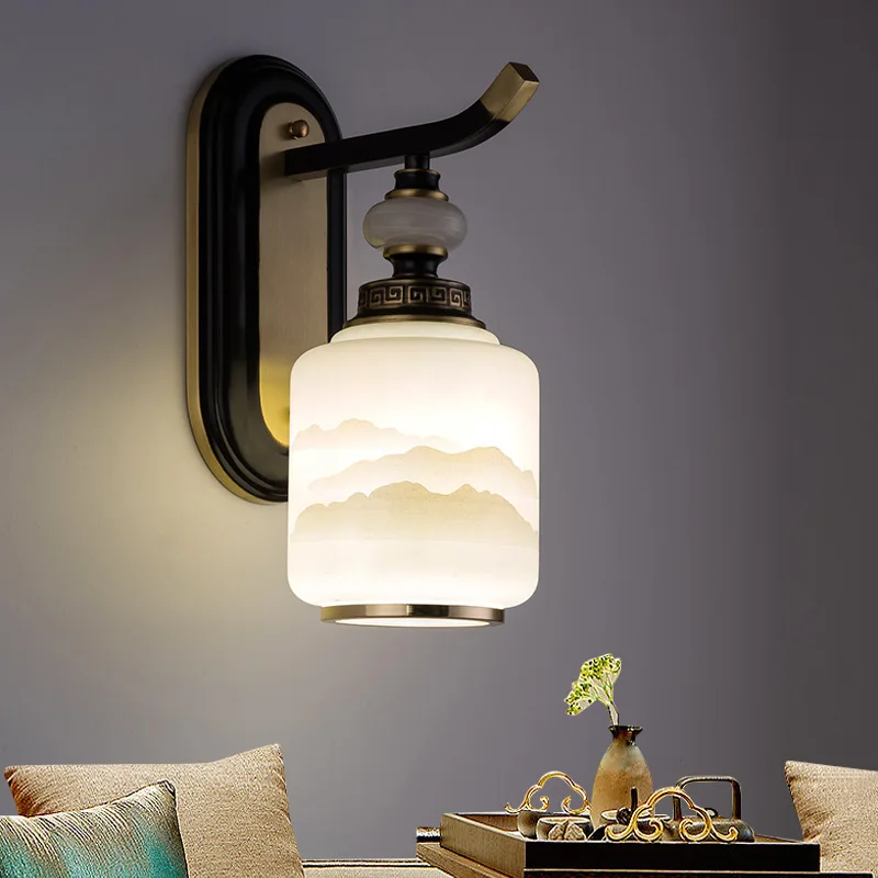 

Американские полностью медные стеклянные светодиодные настенные светильники для гостиной, ТВ, настенные бра, проход, спальня, прикроватные тумбочки, светильники для внутреннего освещения, кафе