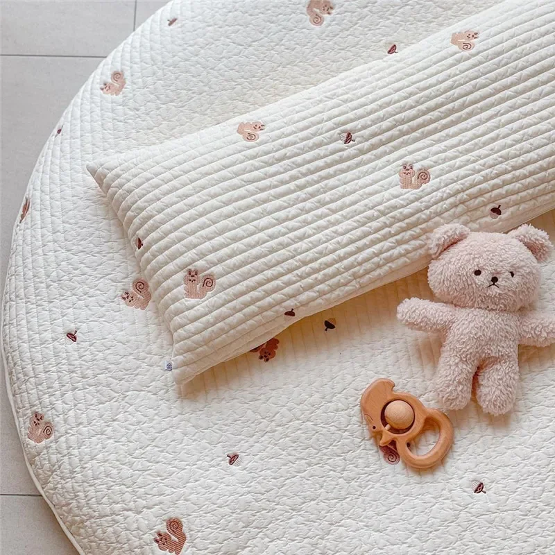 Newborn Pure Cotton Flat Pillow, Quilted with Cartoon Squirrel & Bear Embroidery, Breathable & Soft