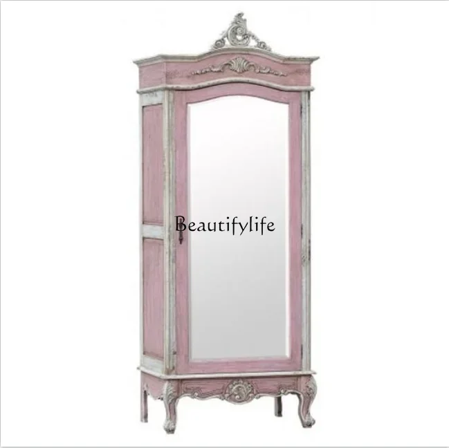 

French Style Solid Wood Carved Dark Pink Wardrobe Storage American Retro Distressed Glass Door Bookcaselx