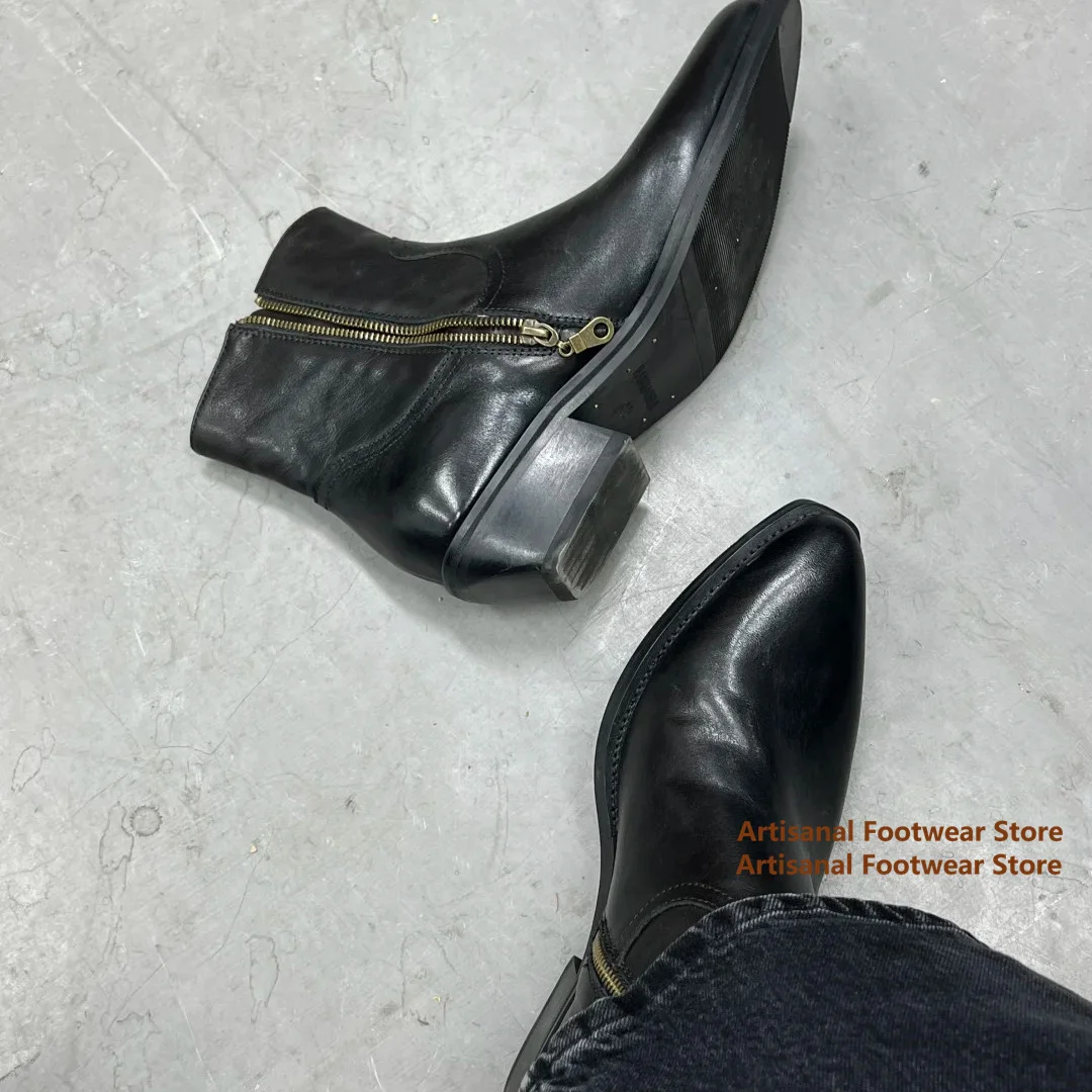 Pointy Toe Side Zipper Embroidered Chelsea Boots British Style Gothic Ankle Boots for Men ﻿Trendy Luxury Handmade Men's Boots