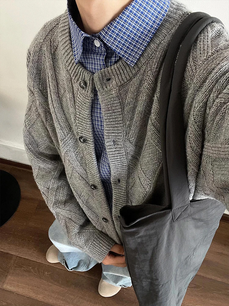 

Мужской вязаный кардиган свободного кроя с вышивкой в ромб, осенне-зимний, универсальный, повседневный, с длинными рукавами