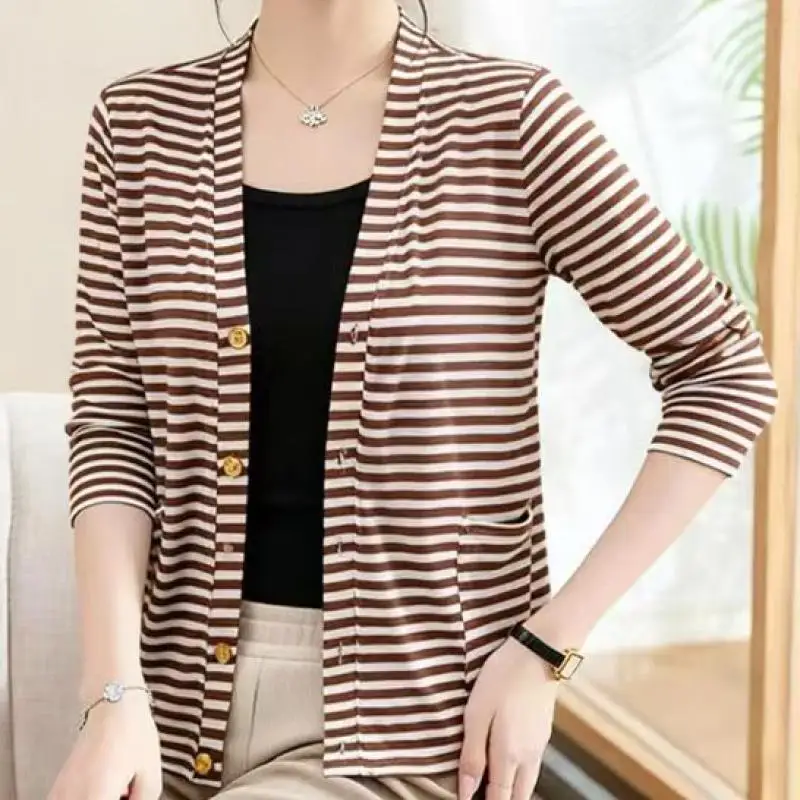 Spring New Arrival European & American Commuter Casual Contrast Trim Striped Knit Cardigan for Women V-Neck top