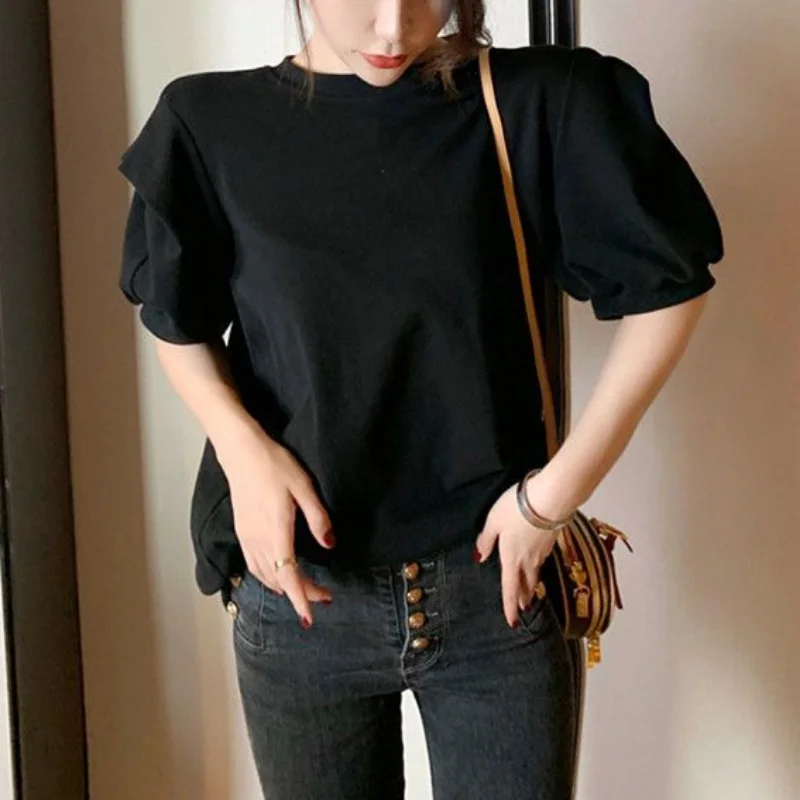 New All-Match Puff Short Sleeve Tees T-Shirts Women Summer 2023 Solid O Neck Pullover Harajuku Loose Casual Ladies Top Femme