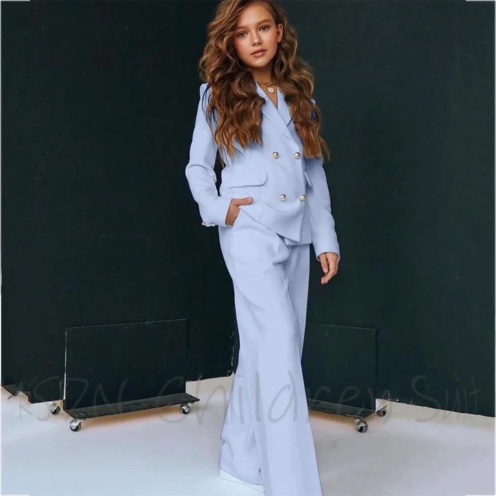 Customized Girl's Suit Solid Color Double Breasted Elegant Chic Kids Clothing 2 Pieces Birthday Party Formal Outfit Girl Wear