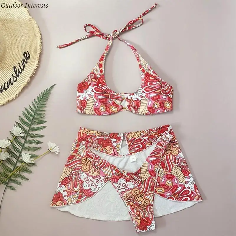 

Three-pieces Female Printed Soft Bag Set Knotted Women Sexy Bathing Suit 400C