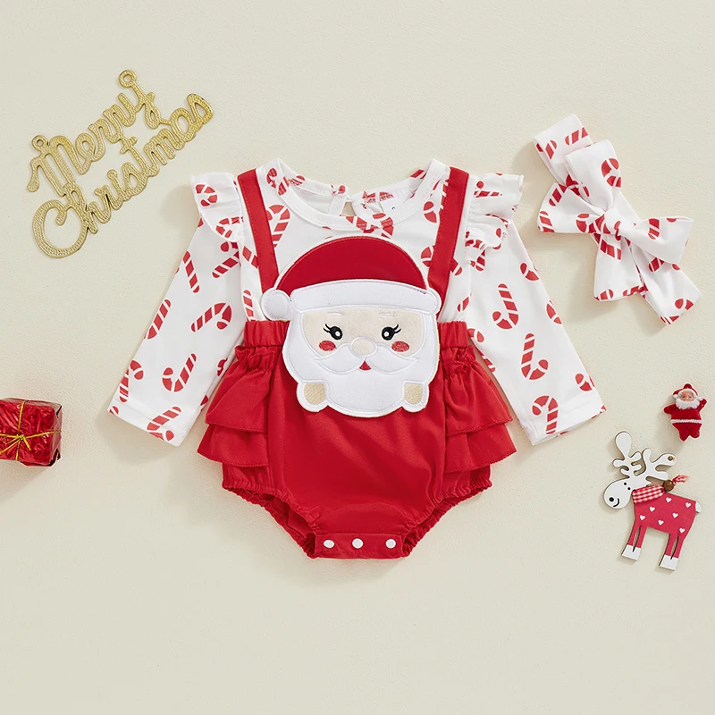 

Christmas Newborn Baby Girls Romper Long Sleeve Santa Claus Embroidery Jumpsuit + Headband Xmas Costume Outfit