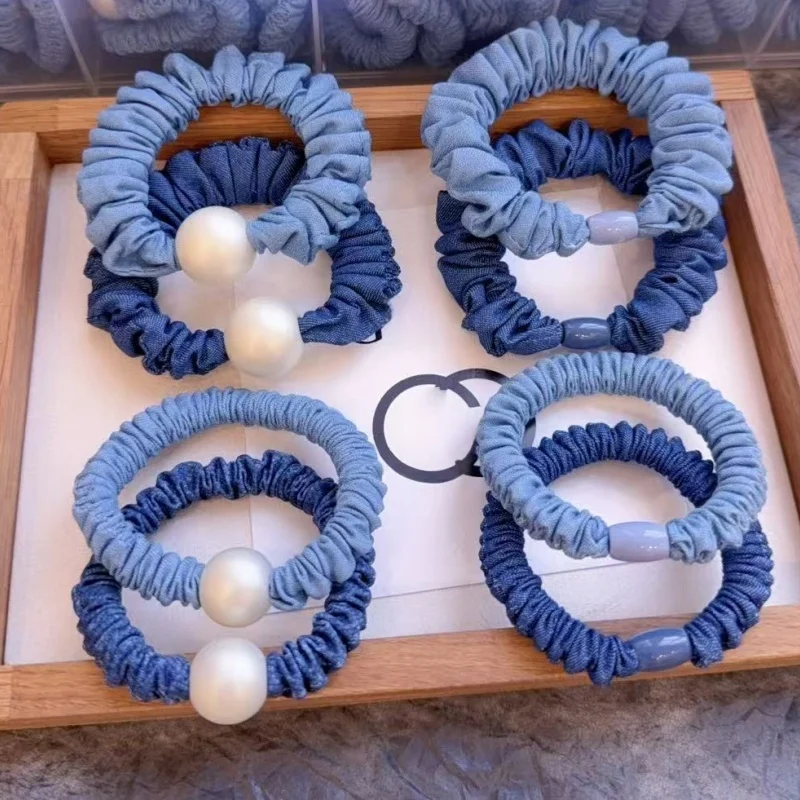 

2pcs Fashion Denim Hair ties Denim Blue Pearl Scrunchie set Exquisite Hair Accessories for Girls 머리끈