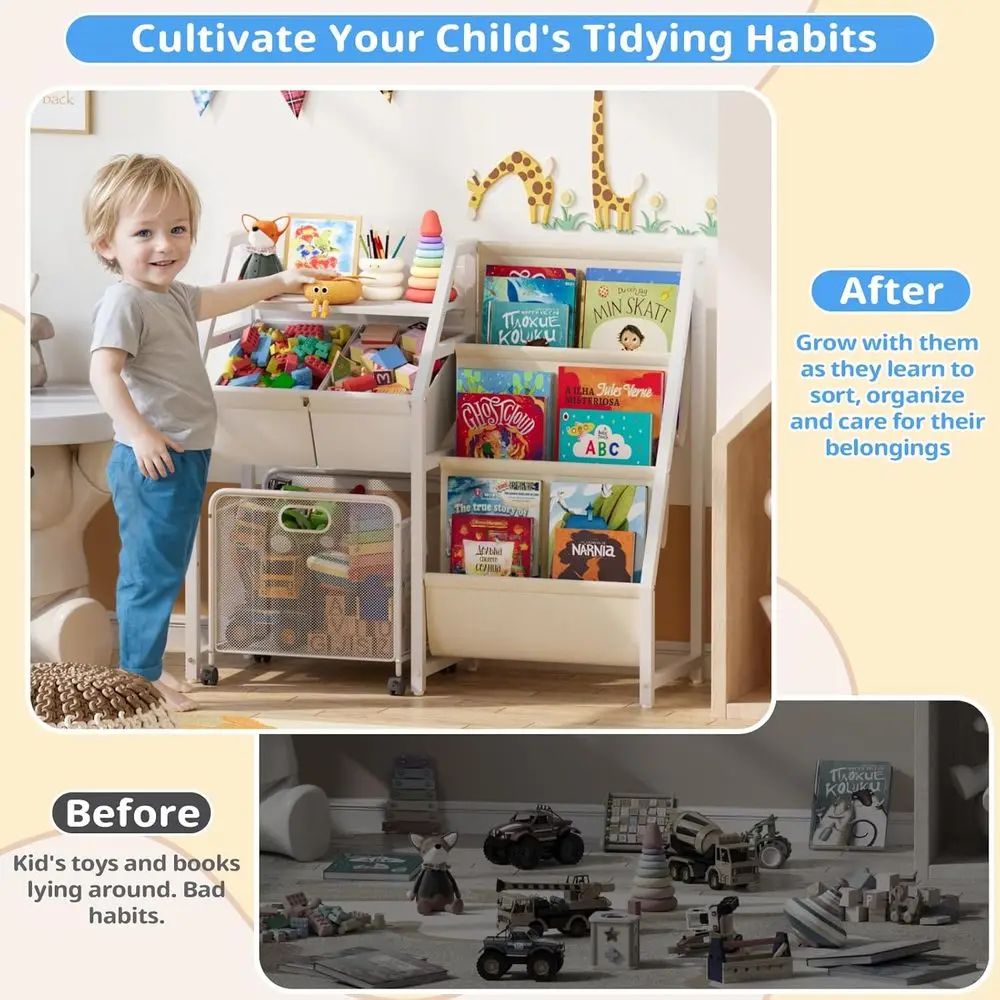 Estantería para niños y organizador de almacenamiento de juguetes, estantería para libros de 3 niveles para habitaciones de niños con cajón móvil, estantería para niños con 2 contenedores de juguetes, T