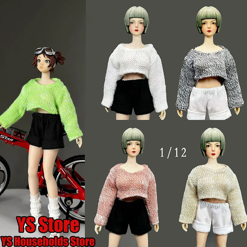 1/12 terno móvel menina curto solto malha gola redonda camisola manga longa superior roupas acessório para 6 "figura corpo decorações