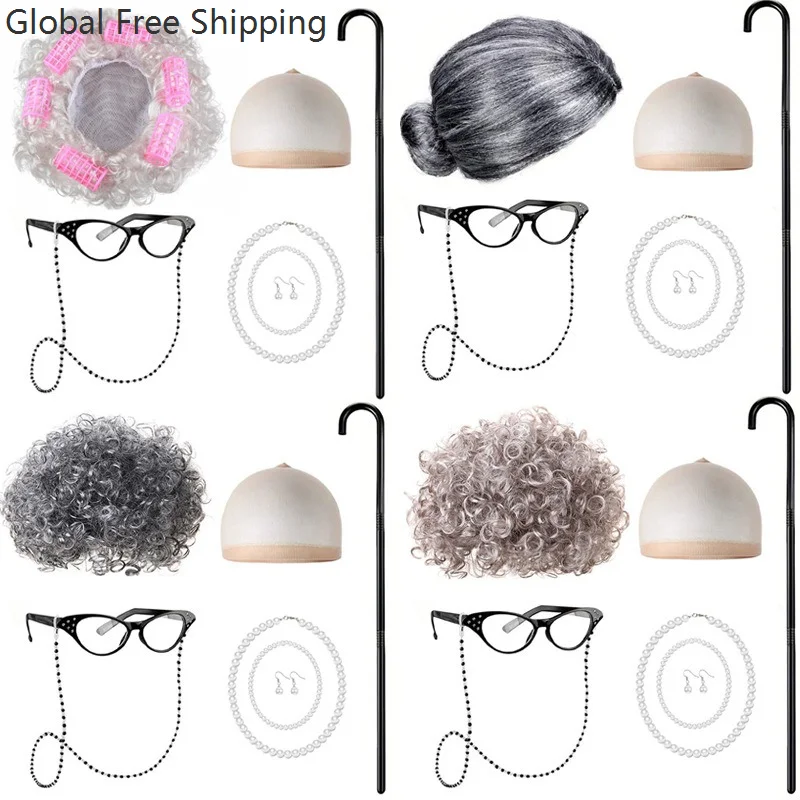 Girls 100th Day Of School Costume Old Lady Grandma Dress Up Accessories Set For Children Performance Halloween Carnival Roleplay