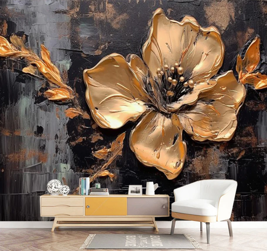 Three dimensional Nordic hand-painted light luxury gold floral wallpaper living room background wall paper customized mural