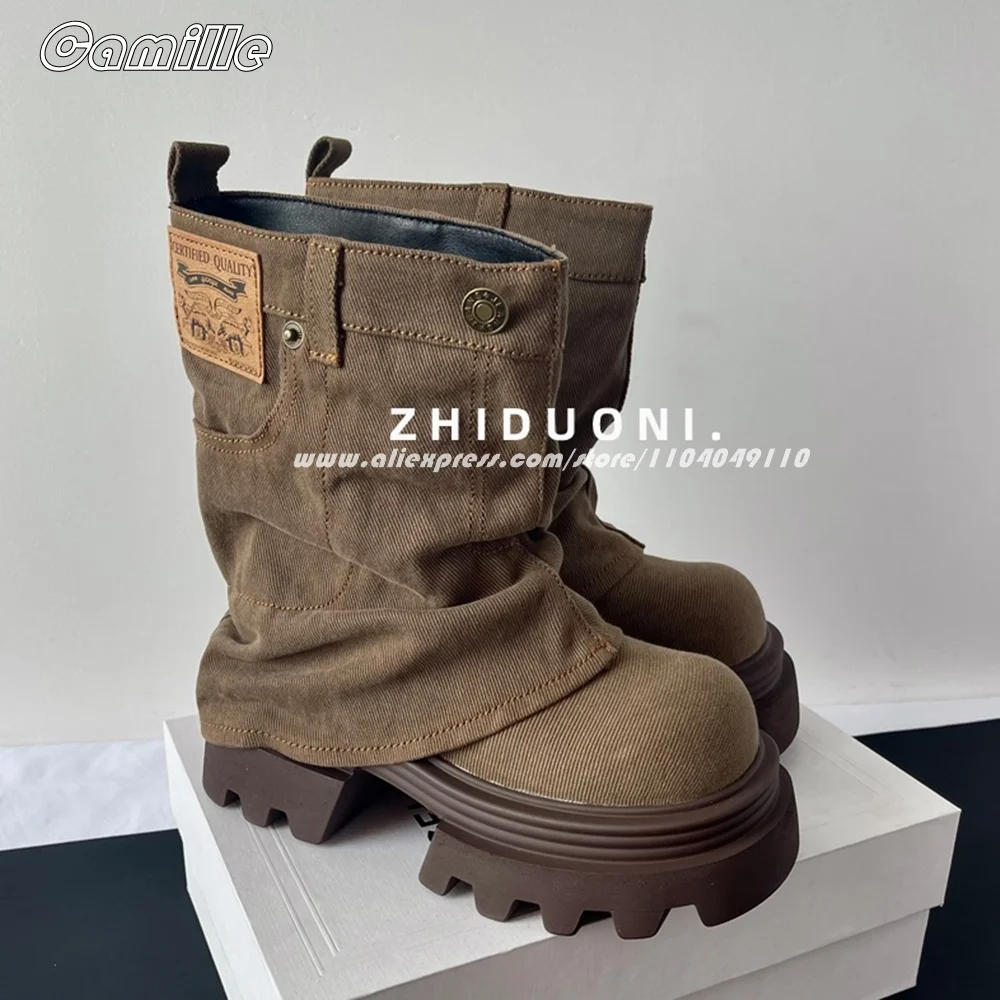 

Retro Denim Brown Thick Sole Trouser Boots 2025 Autumn New Fashion Street Photography Boots Round Toe Mid Calf Modren Boots