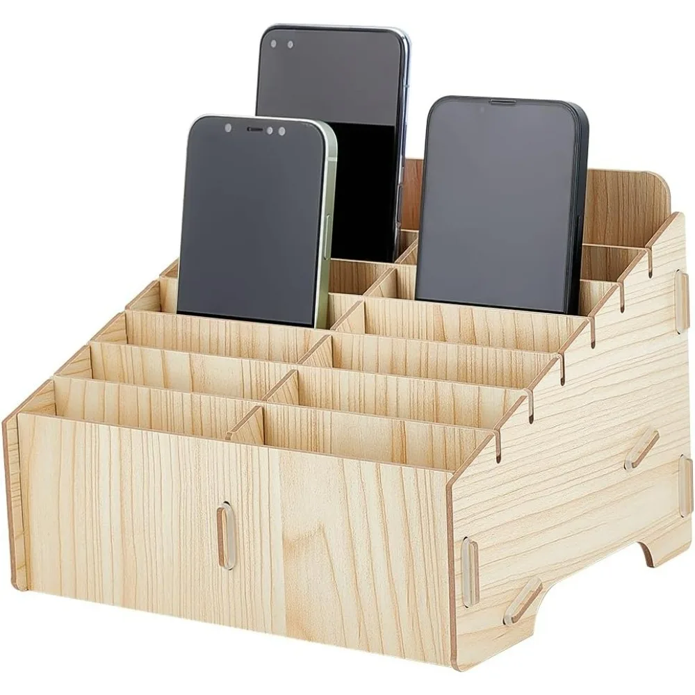 14 Compartment Wooden Mobile Phone Organiser  Desktop Organiser for Classroom Office Desktop Storage Wheat Colour8.6x6.9x5.9inch