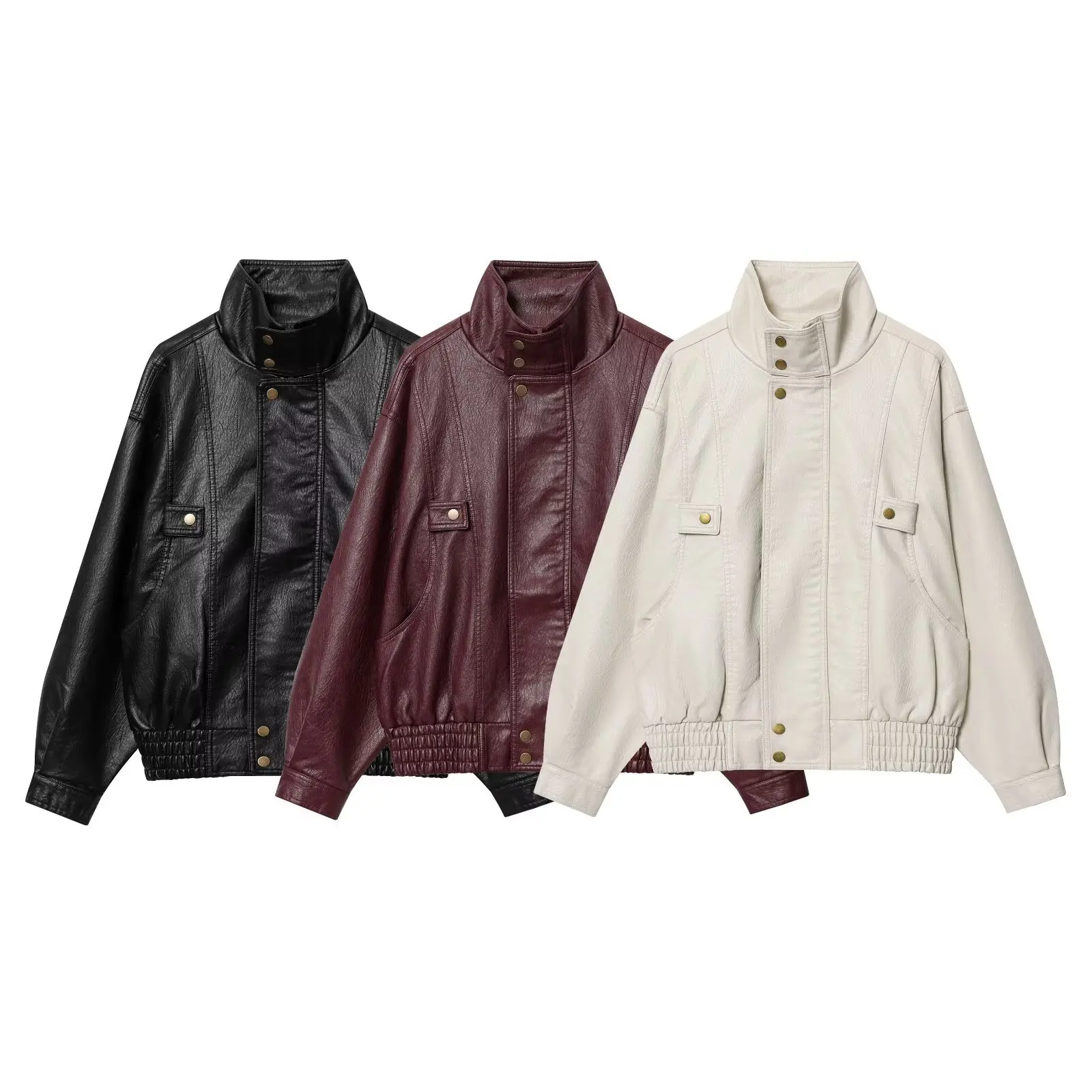 

SPRING Vintage Streetwear Casual PU Woman Leather Jacket Zipper Stand Collar Loose Jacket Chic Fashion Autumn Female Outwear