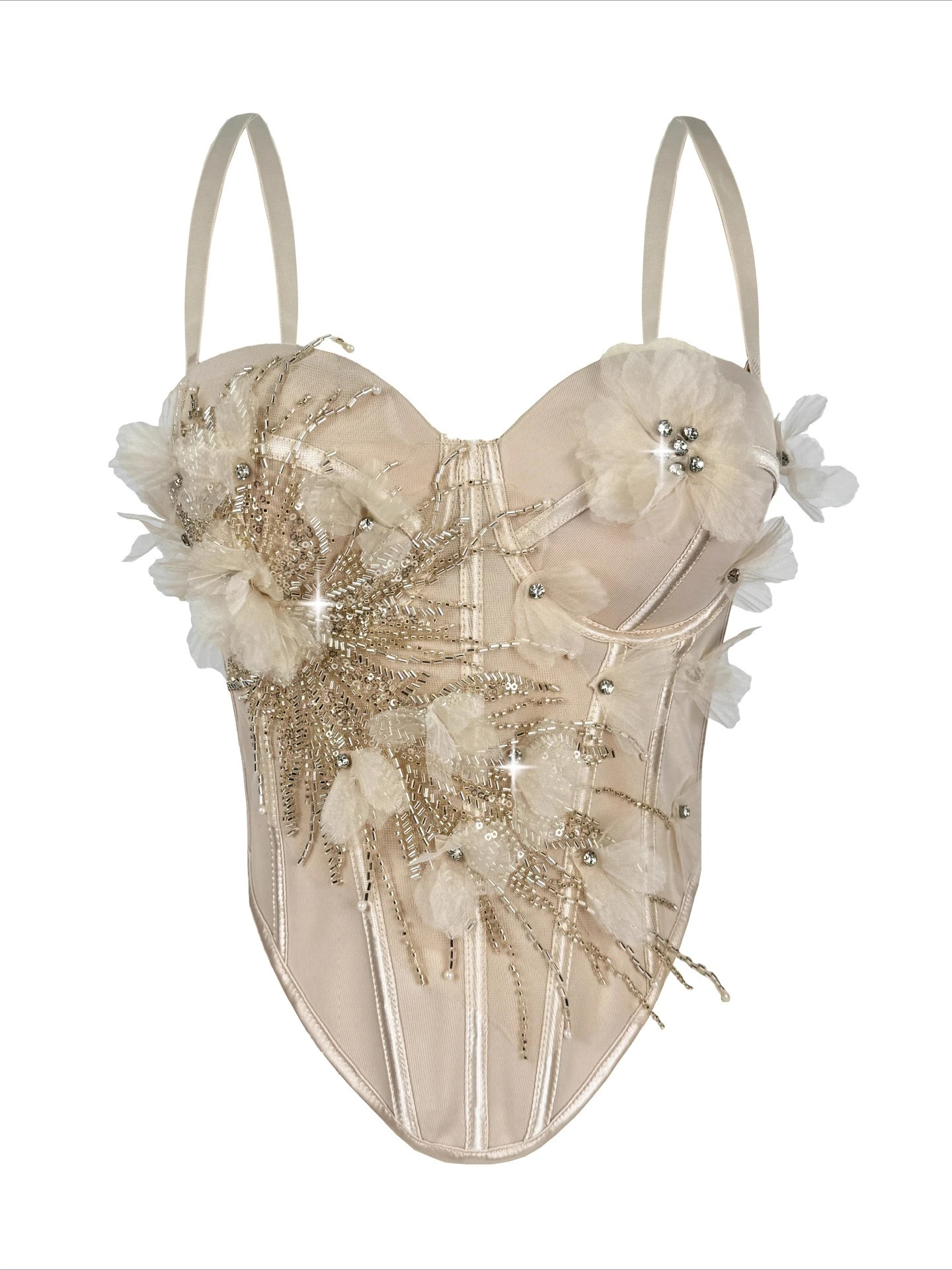 SsTss Corsetto di lusso con applicazioni floreali 3D Top Elegante dettaglio strass da donna Cinturino regolabile Senza maniche Bustier disossato Camis